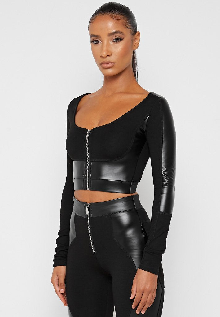 Vegan Leather Long Sleeve Top - Black ...